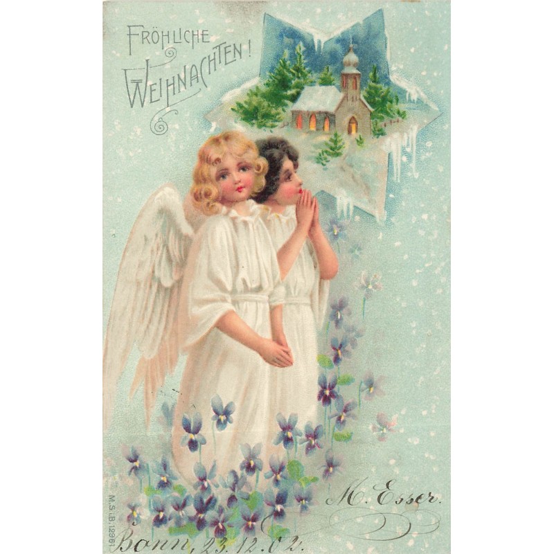 n°29112 - MSIB 12961 - Fröhliche Weihnachten - Anges au milieu de violettes, près d'une église