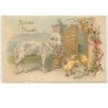 n°13564 - Carte Gaufrée - Joyeuses Pâques - Poussins avec un mouton