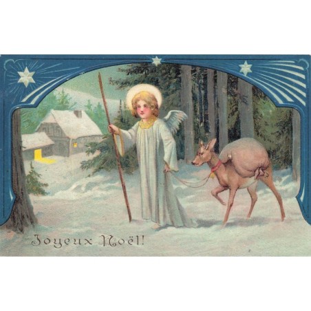 n°29114 - Carte Gaufrée - 5419- Joyeux Noël - Ange tenant une biche, marchant dans la neige