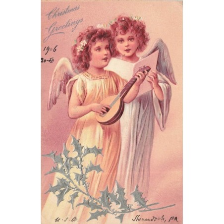 n°29116 - Carte Gaufrée - 6372 - Joyeux Noël - Anges, l'un jouant de la musique, l'autre chantant