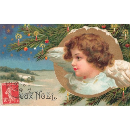 n°29117 - Clapsaddle - Joyeux Noël - Ange de profil dans un médaillon, regardant des maisons au loin