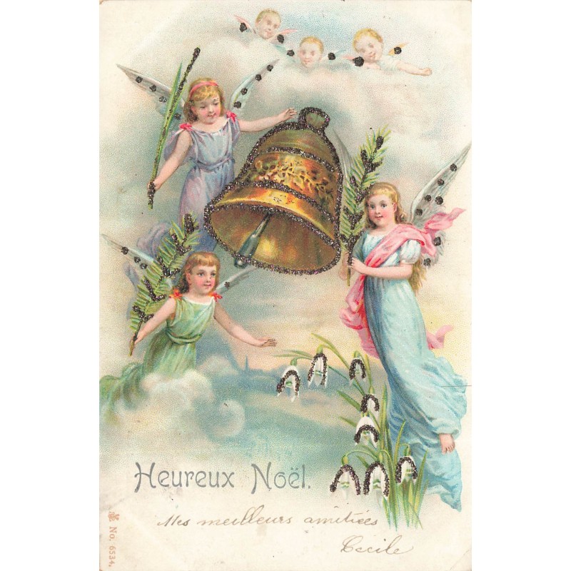n°29118 - Heureux Noël - Anges autour d'une cloche - Carte avec paillettes