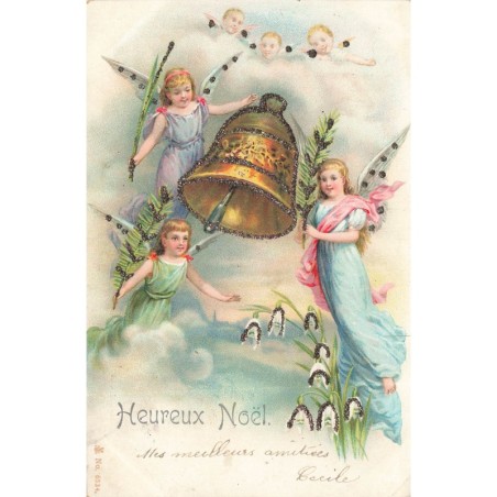 n°29118 - Heureux Noël - Anges autour d'une cloche - Carte avec paillettes