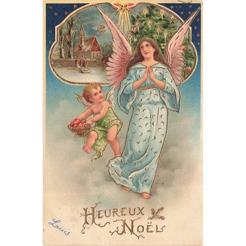n°29119 - Carte Gaufrée - Heureux Noël - Ange apportant des pommes, près d'un ange gardien priant