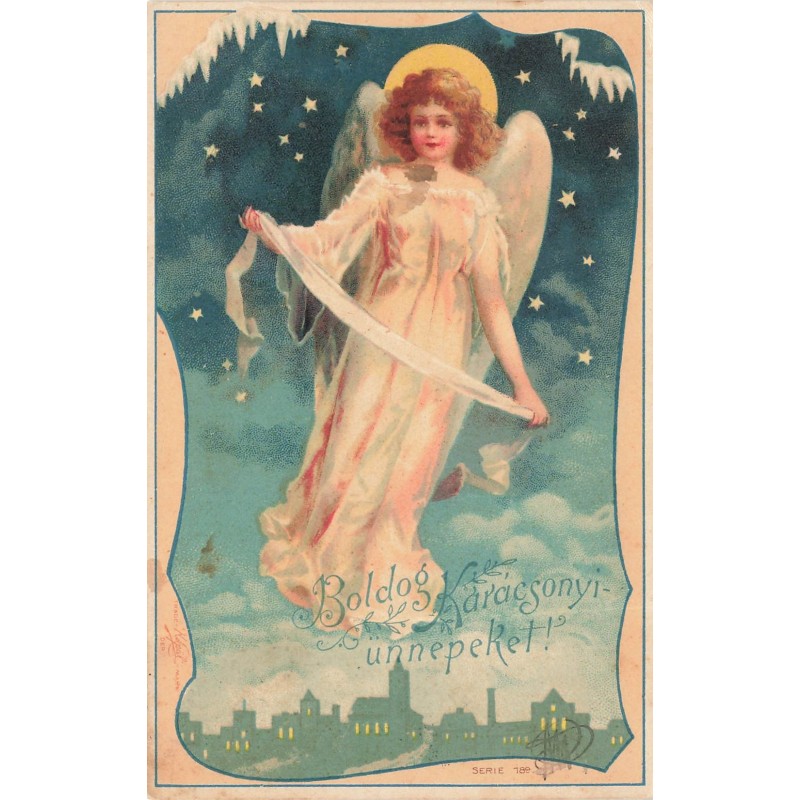 n°29120 - Clapsaddle - Boldog Karacgonyi ünnepeket - Ange au milieu des étoiles jouant avec un ruban