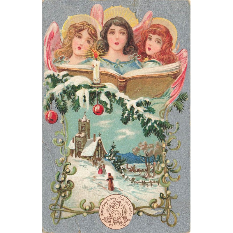 n°29121 - Noël - Anges chantant, au-dessus d'une église