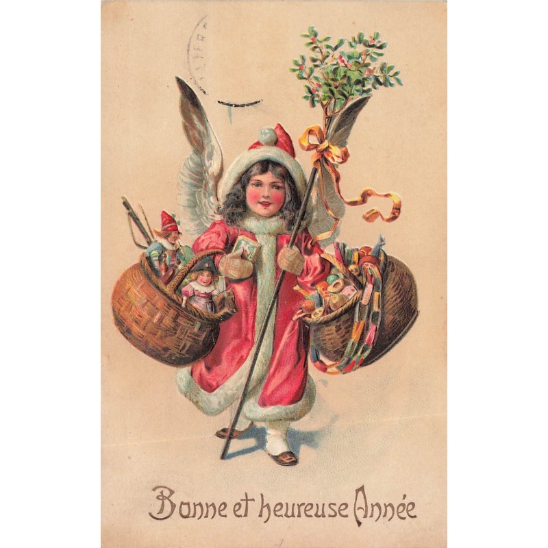 n°29123 - Carte Gaufrée - 7882 - Bonne et Heureuse Année - Ange apportant des jouets dans des paniers