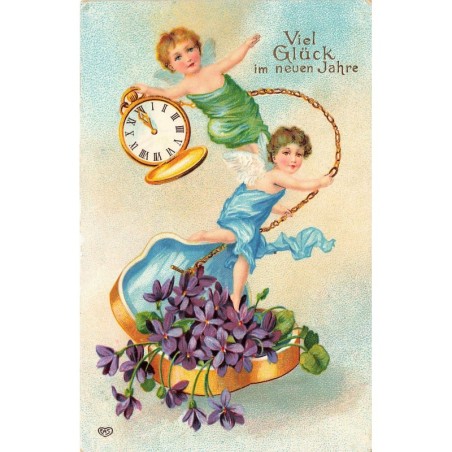 n°29126 - Nouvel An - Anges jouant avec une montre et des violettes