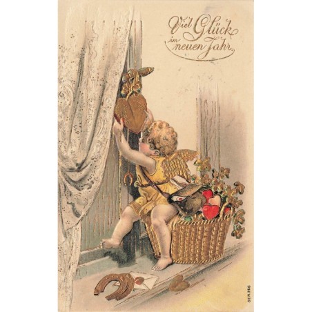 n°29127 - Carte Gaufrée - Nouvel An - Ange déposant un coeur à une porte