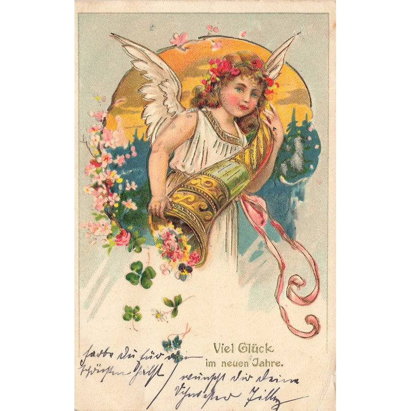 n°29128 - Carte Gaufrée - Nouvel An - Ange déversant une corne d'abondance de trèfles et fleurs