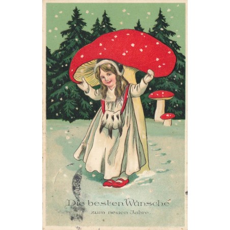 n°29131 - Carte Gaufrée - Nouvel An - Fillette sous un champignon