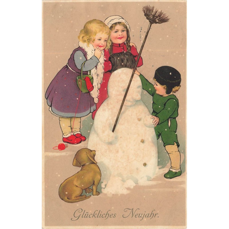 n°29132 - Nouvel An - Flatscher - Enfants faisant un bonhomme de neige - teckel