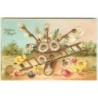 n°13568 - Carte Gaufrée - Joyeuses Pâques - Poussins autour d'un panier rempli de fleurs