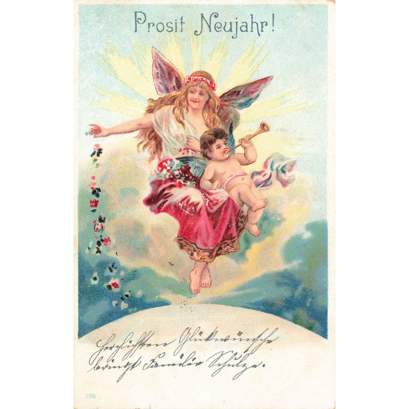 n°29133 - Nouvel An - Prosit Neujahr - Anges dans le ciel jetant des fleurs