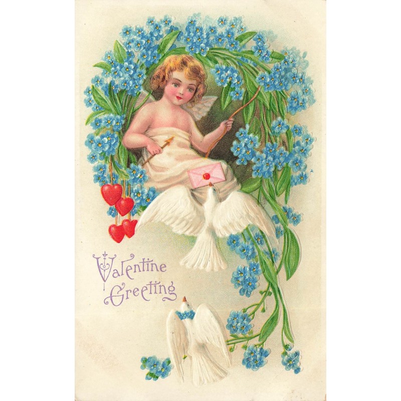 n°29136 - Carte Gaufrée - Saint-Valentin - Cupidon au milieu de myosothis