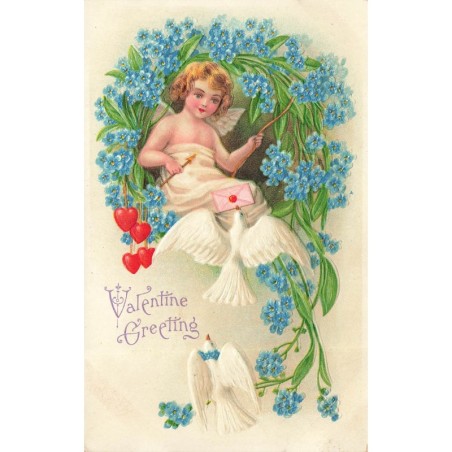 n°29136 - Carte Gaufrée - Saint-Valentin - Cupidon au milieu de myosothis