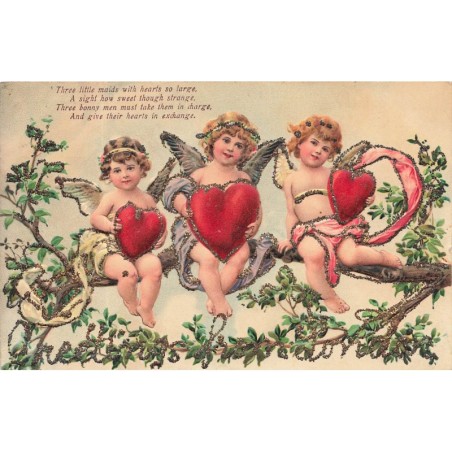n°29137 - Carte Gaufrée à paillettes - Saint-Valentin - Anges assis sur une branche, portant des coeurs