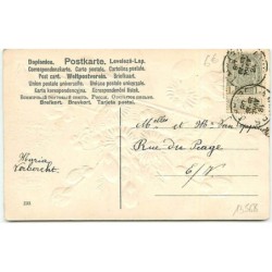 n°13568 - Carte Gaufrée - Joyeuses Pâques - Poussins autour d'un panier rempli de fleurs
