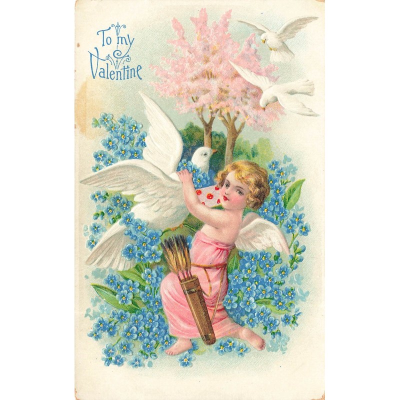 n°29141 - Carte Gaufrée - To my Valentine - Cupidon décorant une colombe avec du myosothis