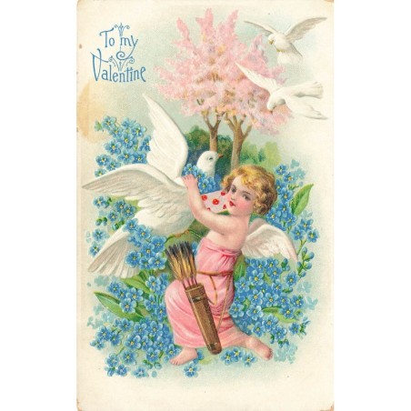 n°29141 - Carte Gaufrée - To my Valentine - Cupidon décorant une colombe avec du myosothis