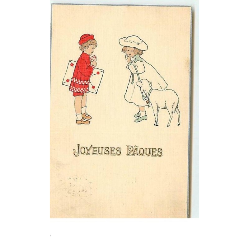 n°13569 - Joyeuses Pâques - Couple, la fillette promenant un mouton