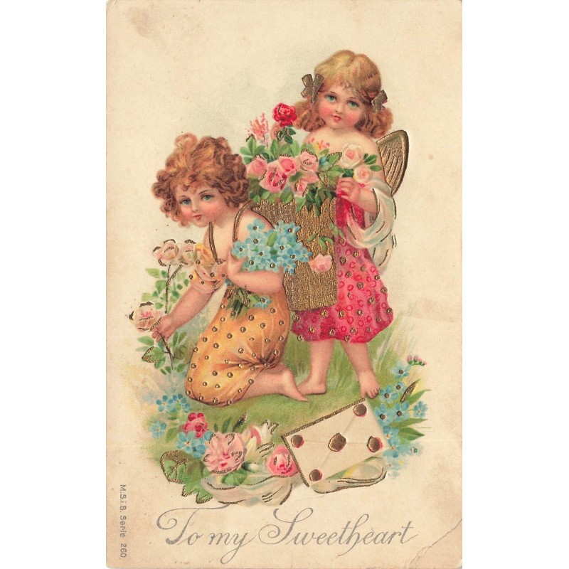 n°29146 - Carte Gaufrée - MSIB Serie 260 - To my Sweetheart - Fillettes cueillant des fleurs