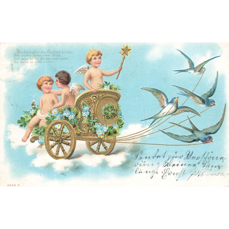 n°29147 - Carte Gaufrée - Fantaisie - Hirondelles tirant des anges dans un char