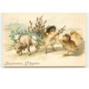 n°13570 - Carte Gaufrée - Joyeuses Pâques - Poussins offrant des fleurs portées par un mouton