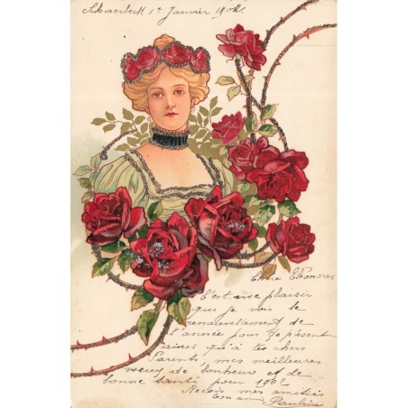 n°29162 - Fantaisie avec Paillettes  - Art Nouveau - Femme au milieu de roses rouges