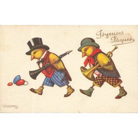 n°29167 - Joyeuses Pâques - Poussins habillés marchant, en tenant des instruments de musique