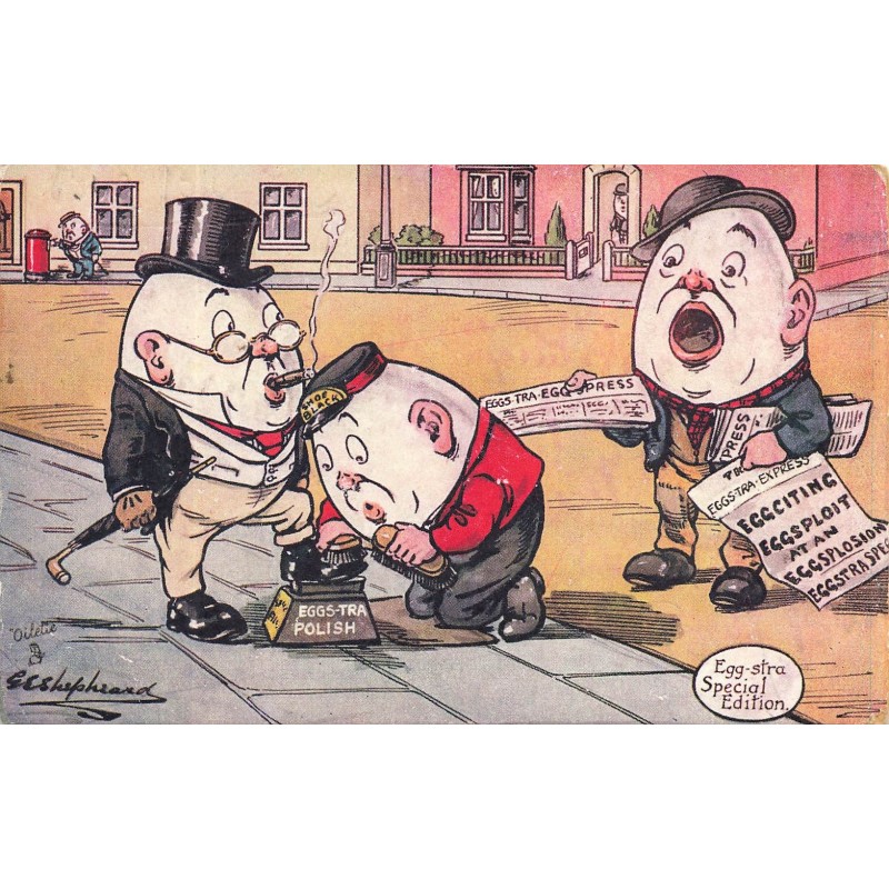 n°29168 - Shepheard - Oeufs habillés, l'un cirant les chaussures d'un, un autre vendant des journaux - Egg-stra