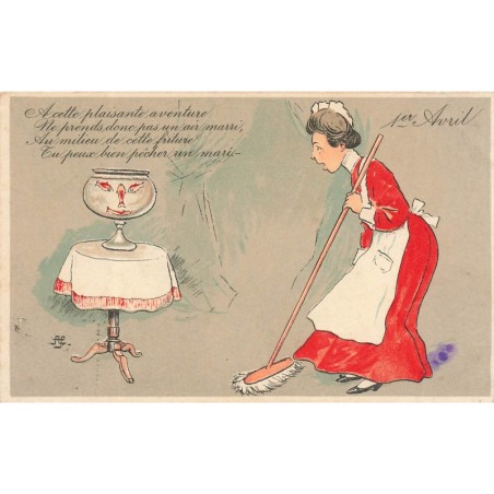 n°29170 - 1er Avril - A cette plaisante aventure ... bien pêcher un mari - Femme avecun balai