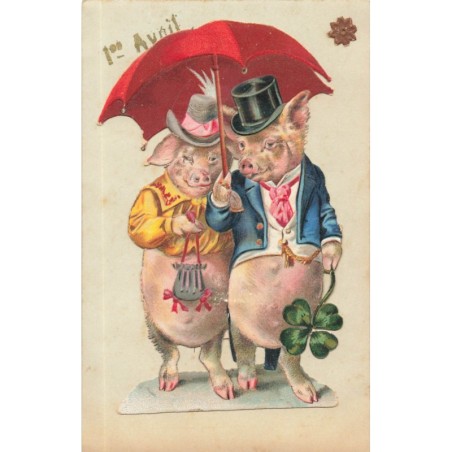 n°29171 - Chromo collé  - 1er Avril - Couple de cochon habillés, se promenant