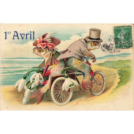 n°29173 - Carte Gaufrée - 1er Avril - Couple de poissons habillés, sur un vélo