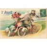 n°29173 - Carte Gaufrée - 1er Avril - Couple de poissons habillés, sur un vélo