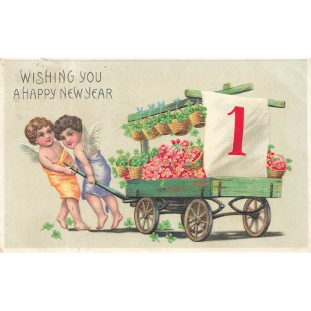 n°29174 - Carte Gaufrée - Nouvel An - Anges tirant une charette remplie de fleurs