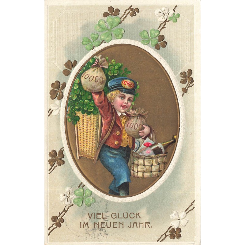 n°29175 - Carte Gaufrée - Nouvel An - Ange apportant des trèfles, des sacs remplis de pièces