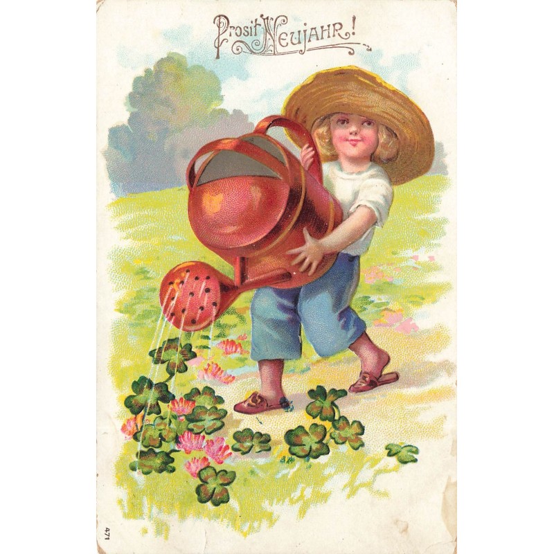 n°29177 - Carte Gaufrée - Nouvel An - Prosit Neujahr - Garçon arrosant des trèfles