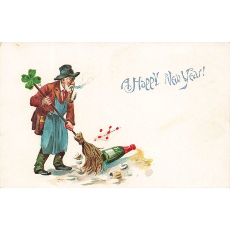 n°29178 - Carte Gaufrée - Nouvel An - A Happy New Year - Homme balayant suite à une fête