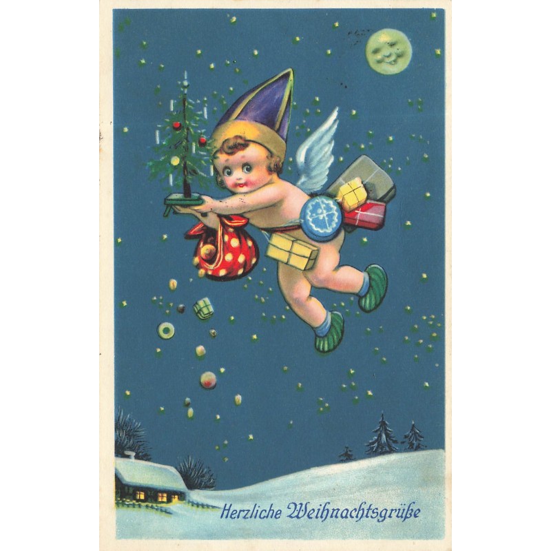 n°29180 - Noël - Ange apportant des cadeaux dans la nuit - Lune humanisée