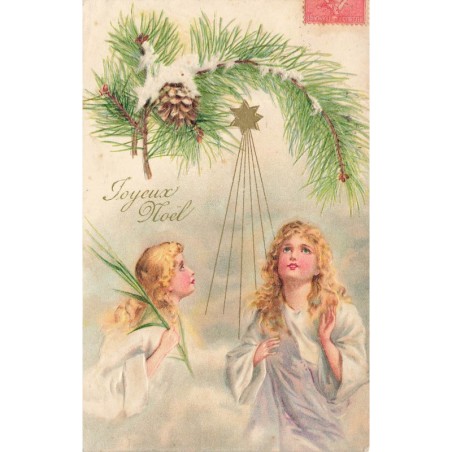 n°29181 - Carte Gaufrée - Joyeux Noël - Anges gardiens regardant une étoile sous une branche de sapin
