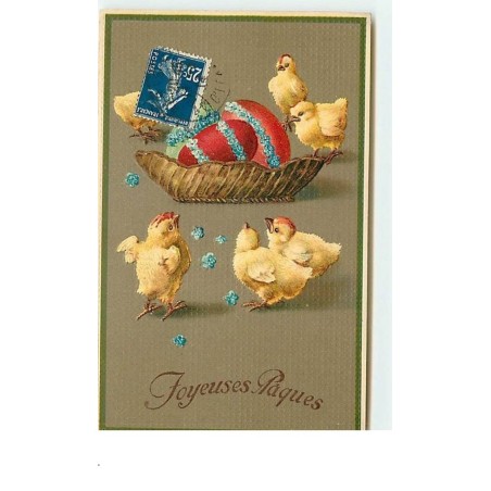 n°13573 - Carte Gaufrée - Joyeuses Pâques - Poussins autour d'un panier rempli d'oeufs