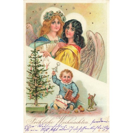 n°29186 - Carte Gaufrée - Fröhliche Weihnachten - Anges gardiens regardant un bébé jouant avec un hochet