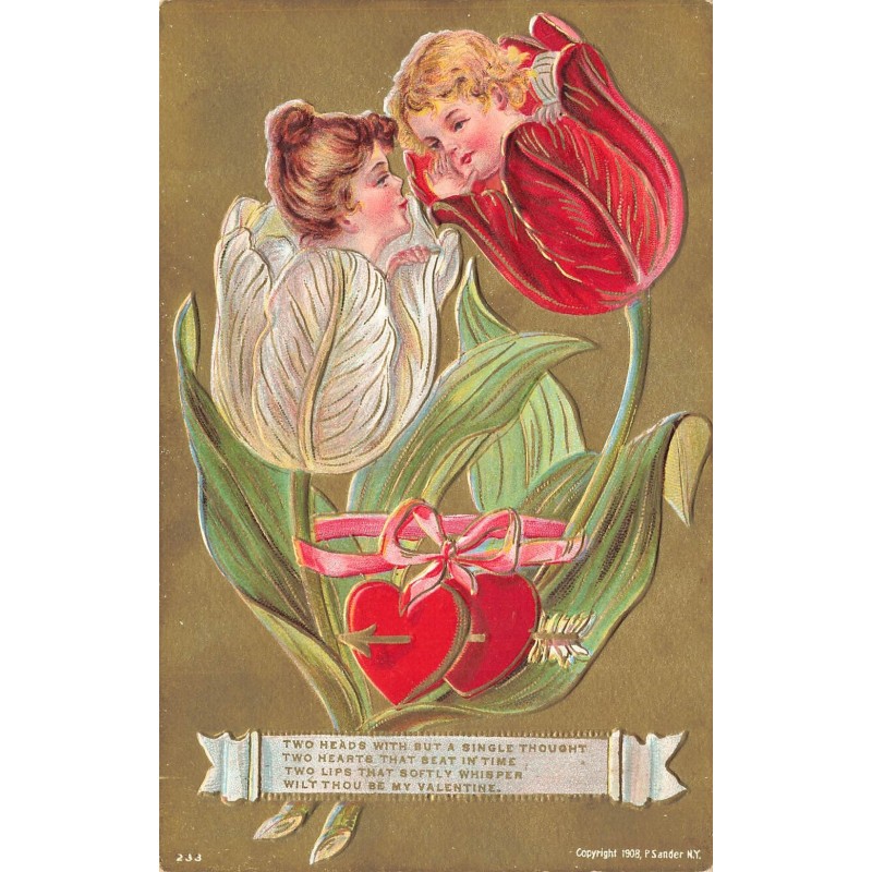 n°29188 - Carte Gaufrée - Saint-Valentin - Couple chacun dans une tulipe - surréalisme