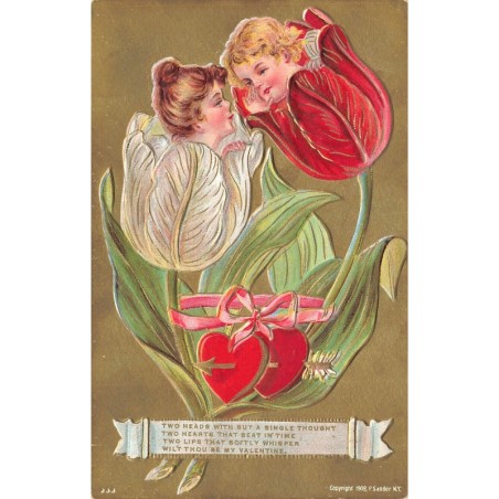 n°29188 - Carte Gaufrée - Saint-Valentin - Couple chacun dans une tulipe - surréalisme