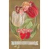 n°29188 - Carte Gaufrée - Saint-Valentin - Couple chacun dans une tulipe - surréalisme