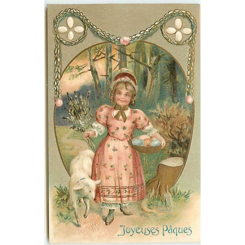 n°13574 - Carte Gaufrée - Joyeuses Pâques - Fillette portant un panier rempli d'oeuf et à côté d'un mouton