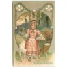 n°13574 - Carte Gaufrée - Joyeuses Pâques - Fillette portant un panier rempli d'oeuf et à côté d'un mouton