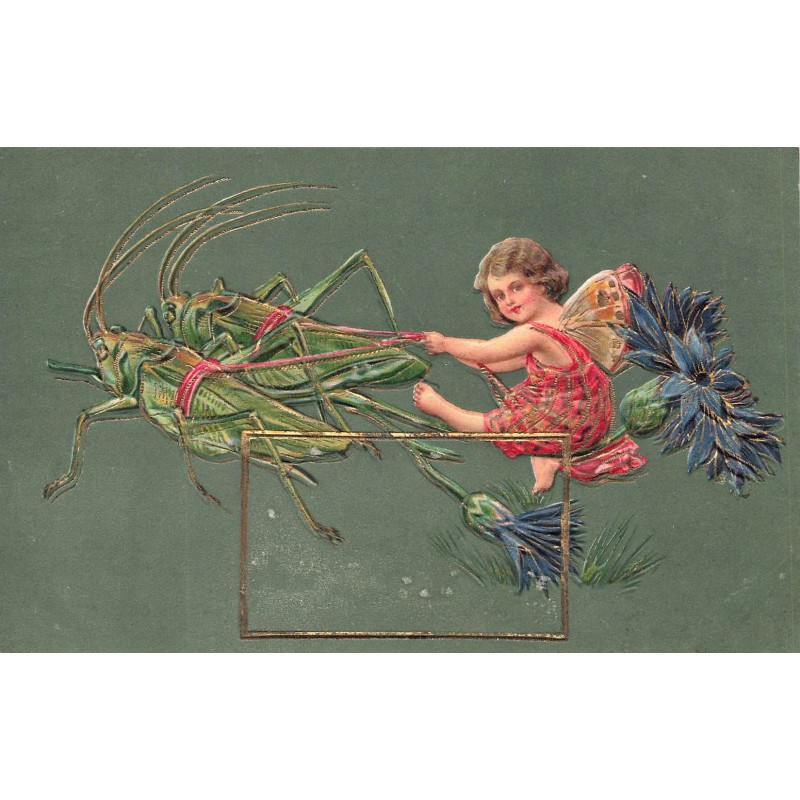 n°29195 - Carte Gaufrée - Ange, fée  assis sur un chardon, tiré par des sauterelles