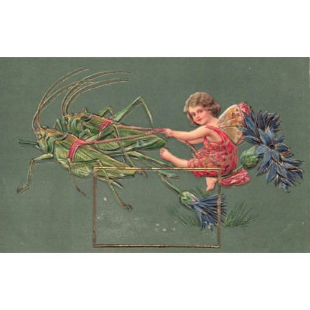 n°29195 - Carte Gaufrée - Ange, fée  assis sur un chardon, tiré par des sauterelles